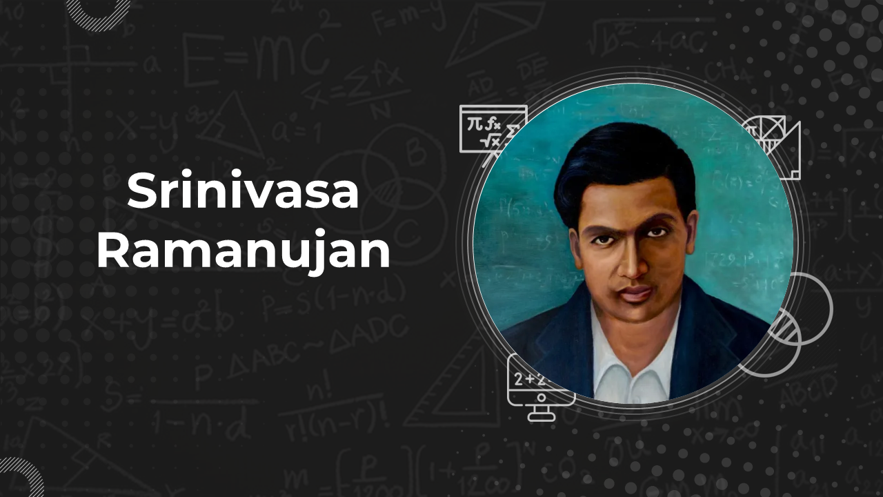 Portrait of Srinivasa Ramanujan on a slide deck with math-themed background and previews.