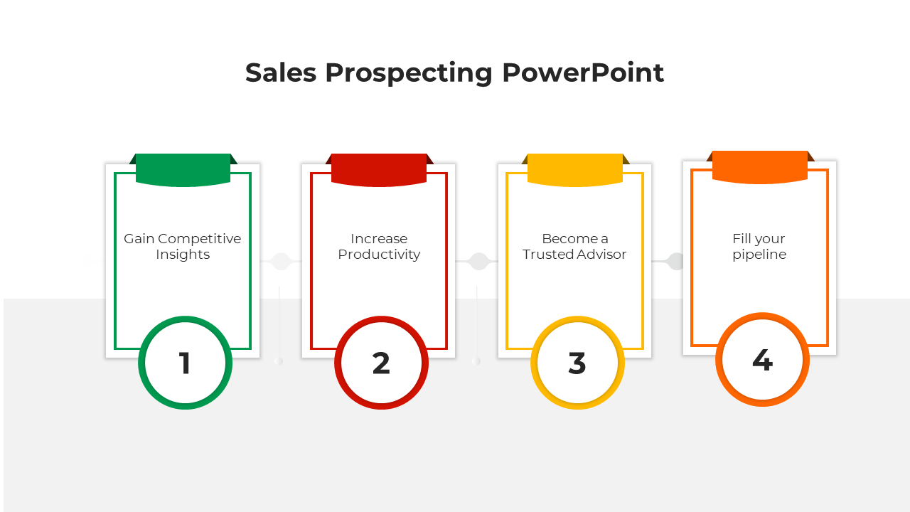 Slide deck focused on sales prospecting, showing organized steps, colorful icons, and breakdowns of strategies.