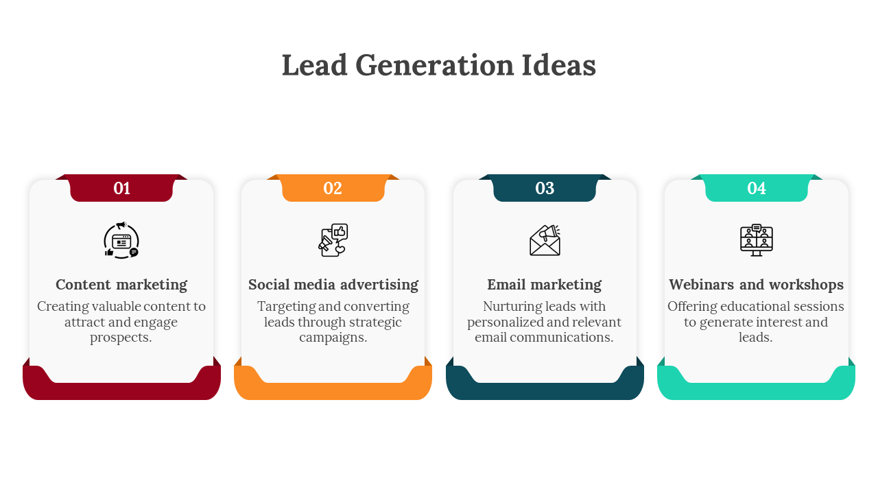 Slide deck on lead generation ideas with sections for content marketing, social media, email marketing, and webinars.