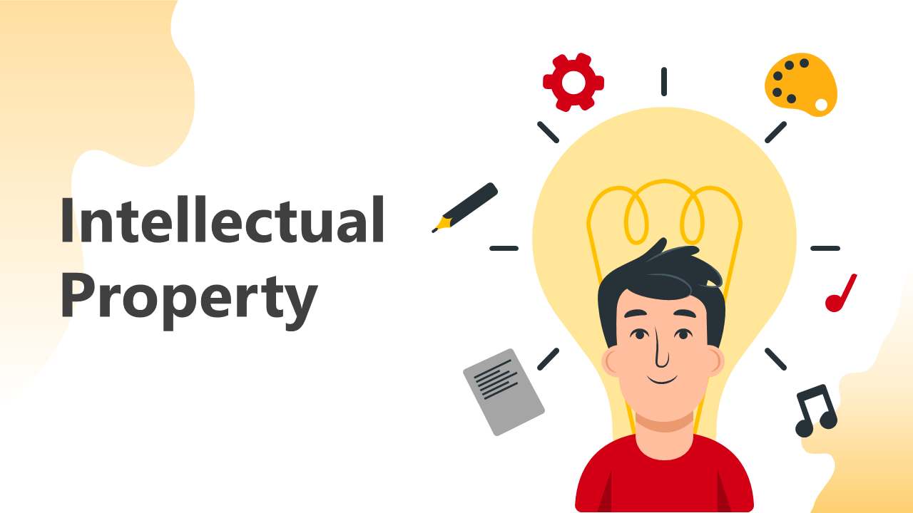 Intellectual property slides with light themed illustrations, explaining patent systems, trademark protection, and fair use.