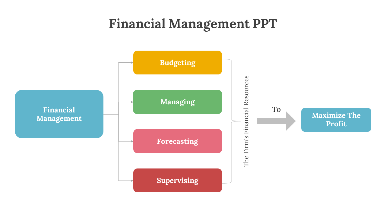 Financial management slides using colorful icons like piggy banks, dollar signs, and flowcharts to represent processes.