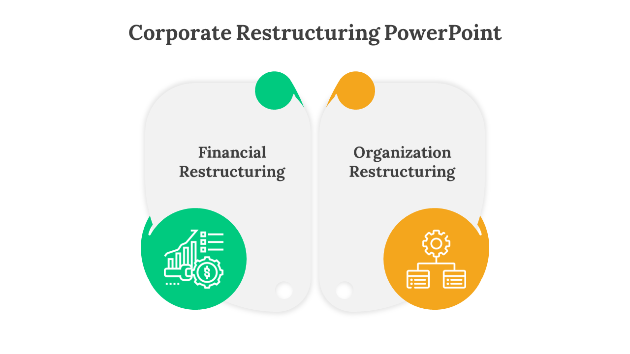 Corporate restructuring cover with two parts financial and organization restructuring, each shown with icons.