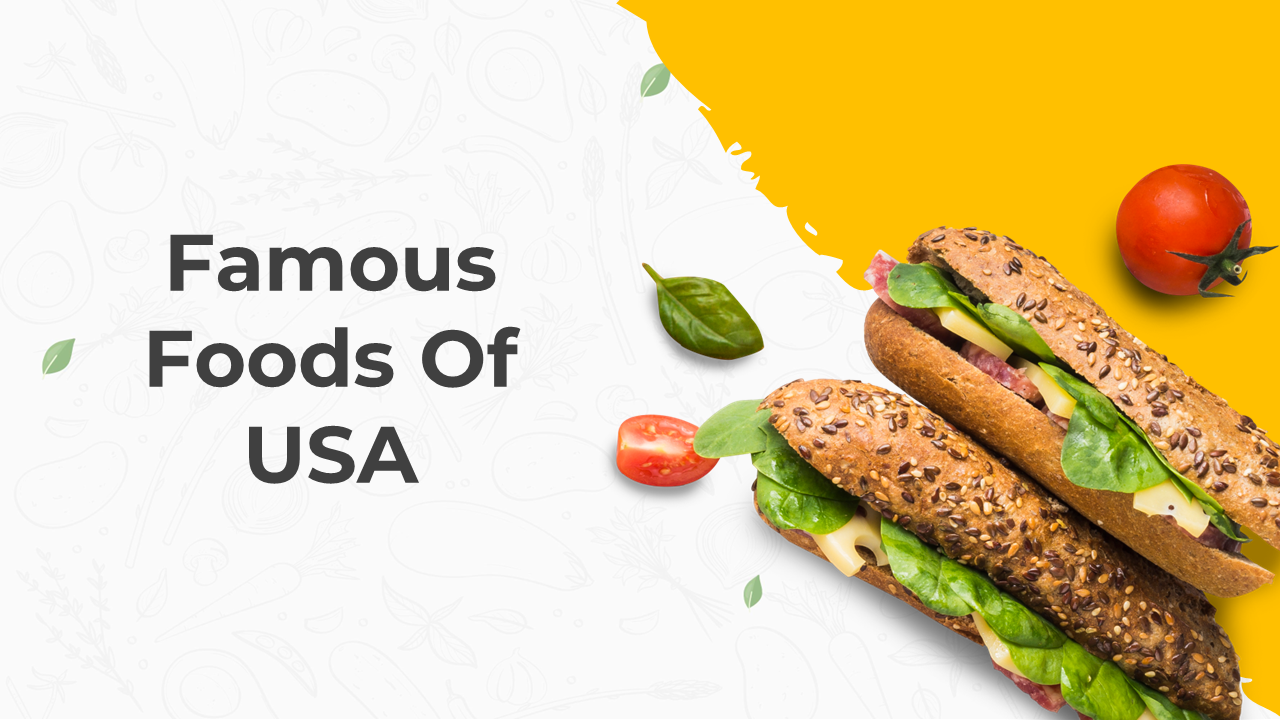 Slides showcasing 15 iconic American foods, from hamburgers and tater tots to buffalo wings and apple pie on a yellow theme.