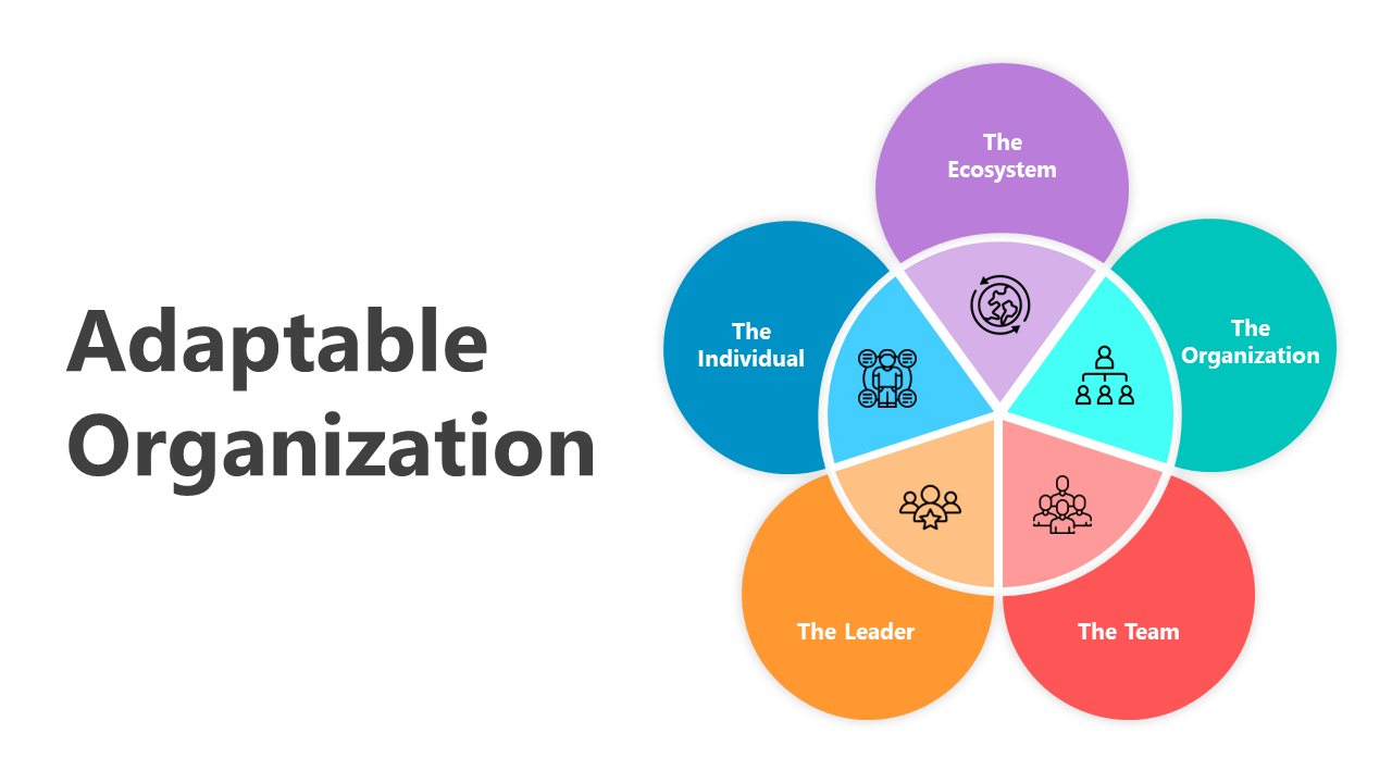 Infographic with six petals key aspects of an adaptable organization, including the ecosystem, individual, and leader.