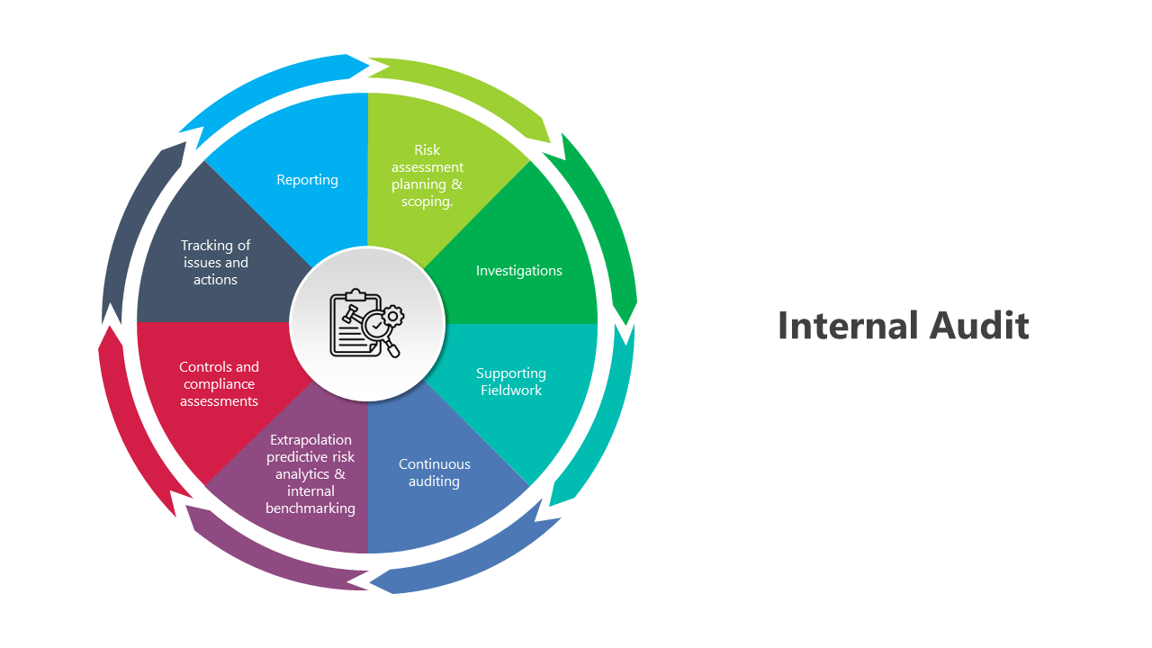 A pack of internal audit processes slides illustrated with various diagram models and colorful layout designs.