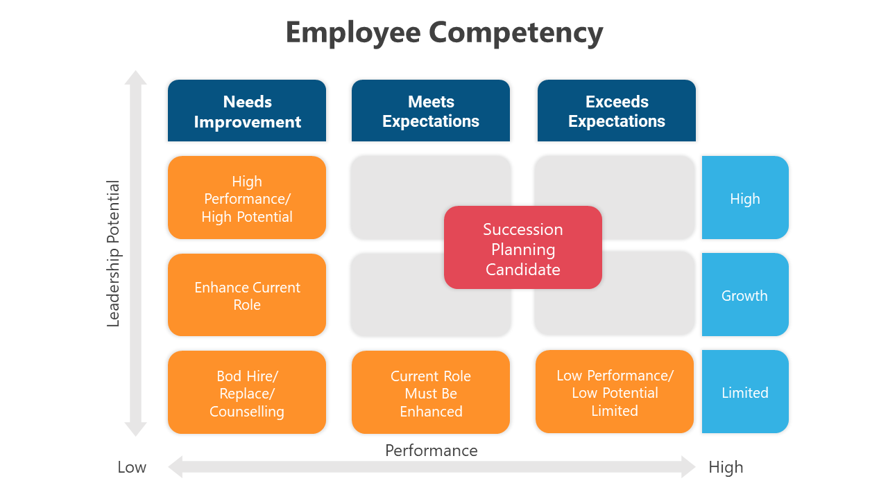 Slide deck showing competency in different layouts such as matrices, and performance grids in various colors.