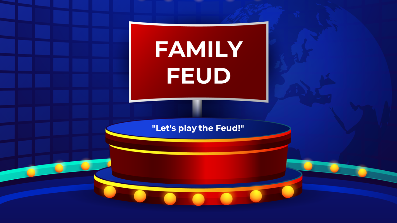 Family Feud game slides featuring multiple rounds with questions, answers, and a virtual game show interface on a blue theme.