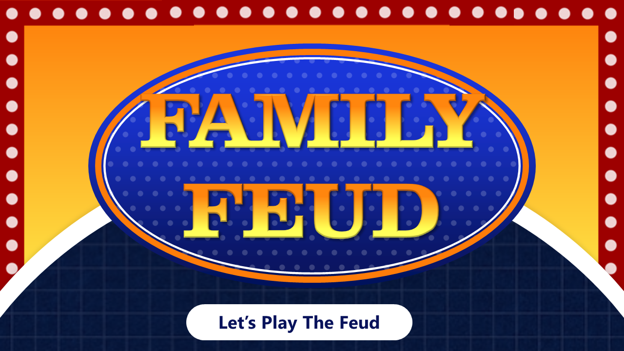 A pack of slides designed for Family Feud game, featuring a bold blue and yellow theme with interactive scoreboards.