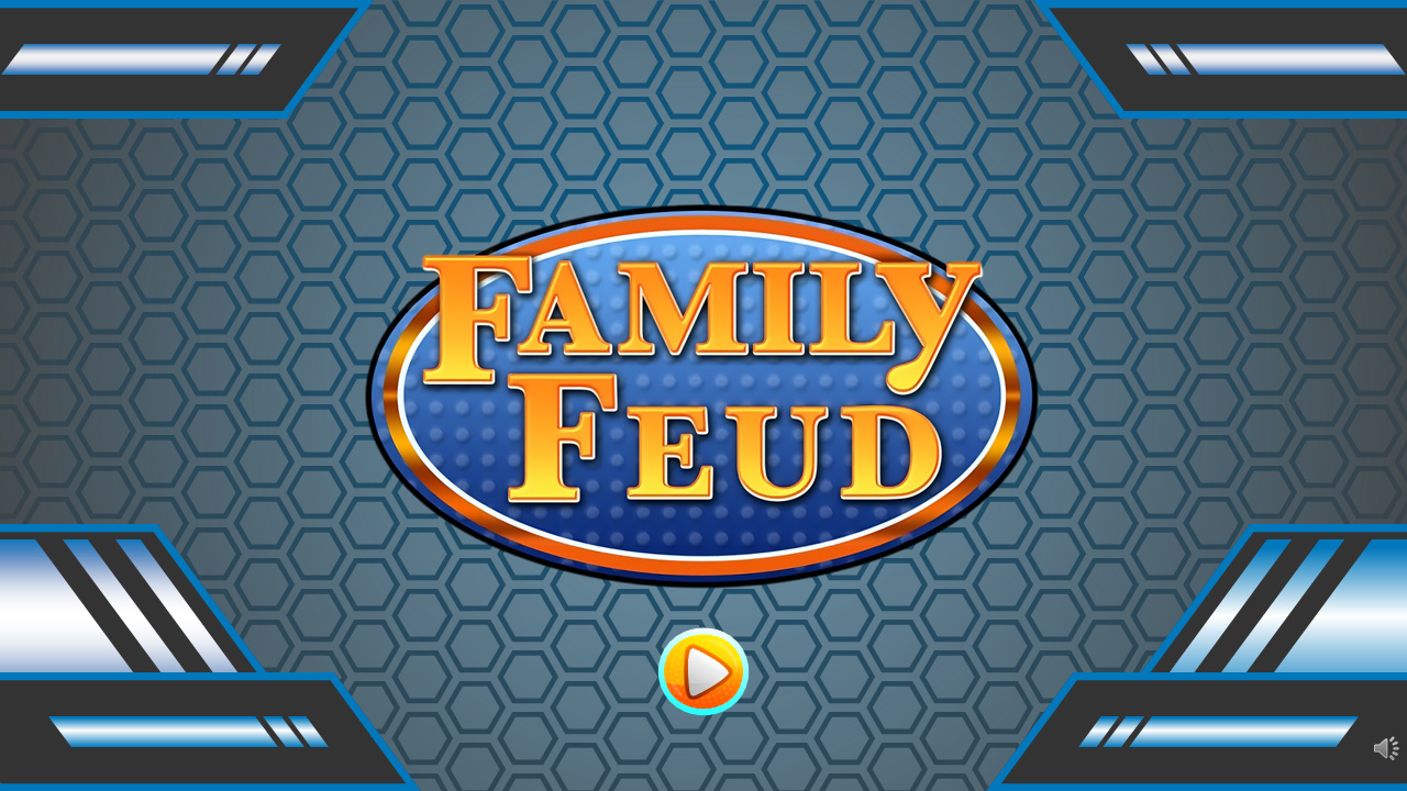 Family feud game slides with blue and gray hexagonal design, featuring multiple quiz rounds and interactive question format.