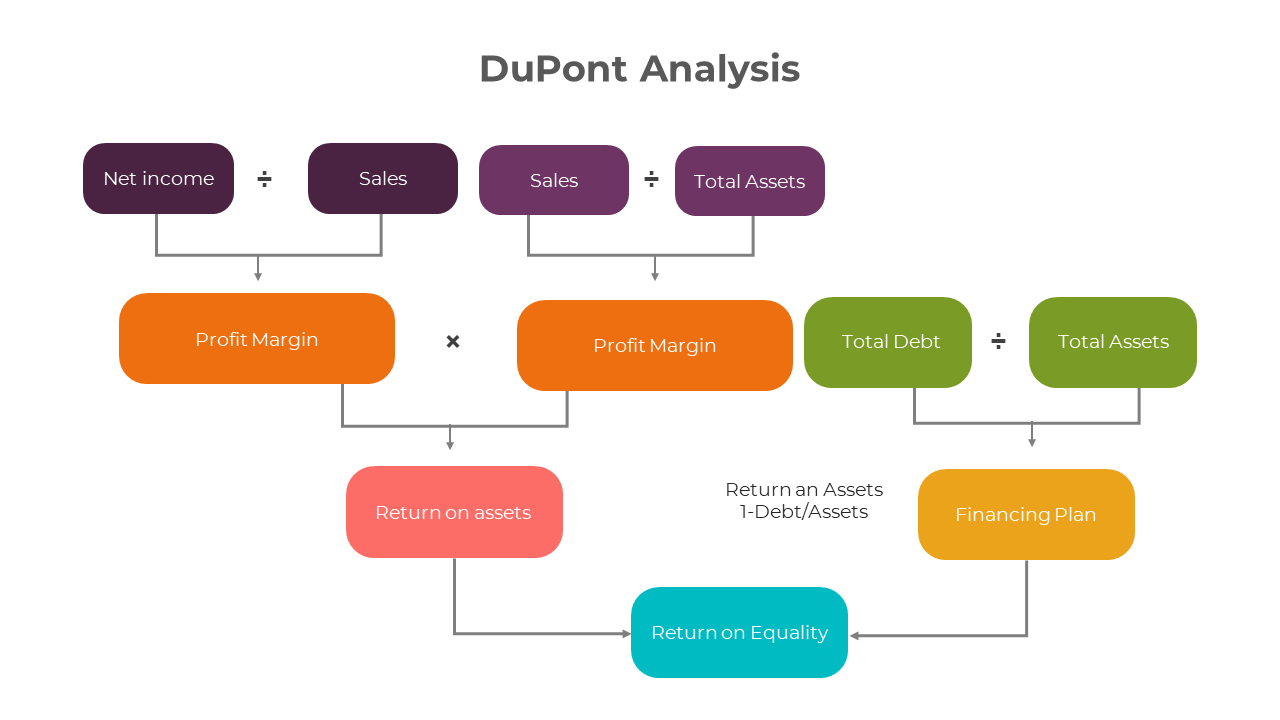 Dupont analysis overview slides illustrating the calculation of profit margin with different layout designs with icons.