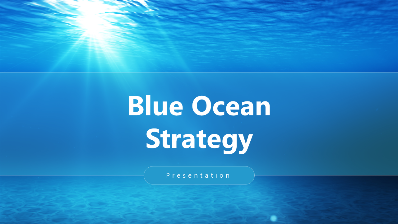 Blue ocean strategy slides with diagrams, charts, and frameworks explaining the concept and key differences from red ocean.