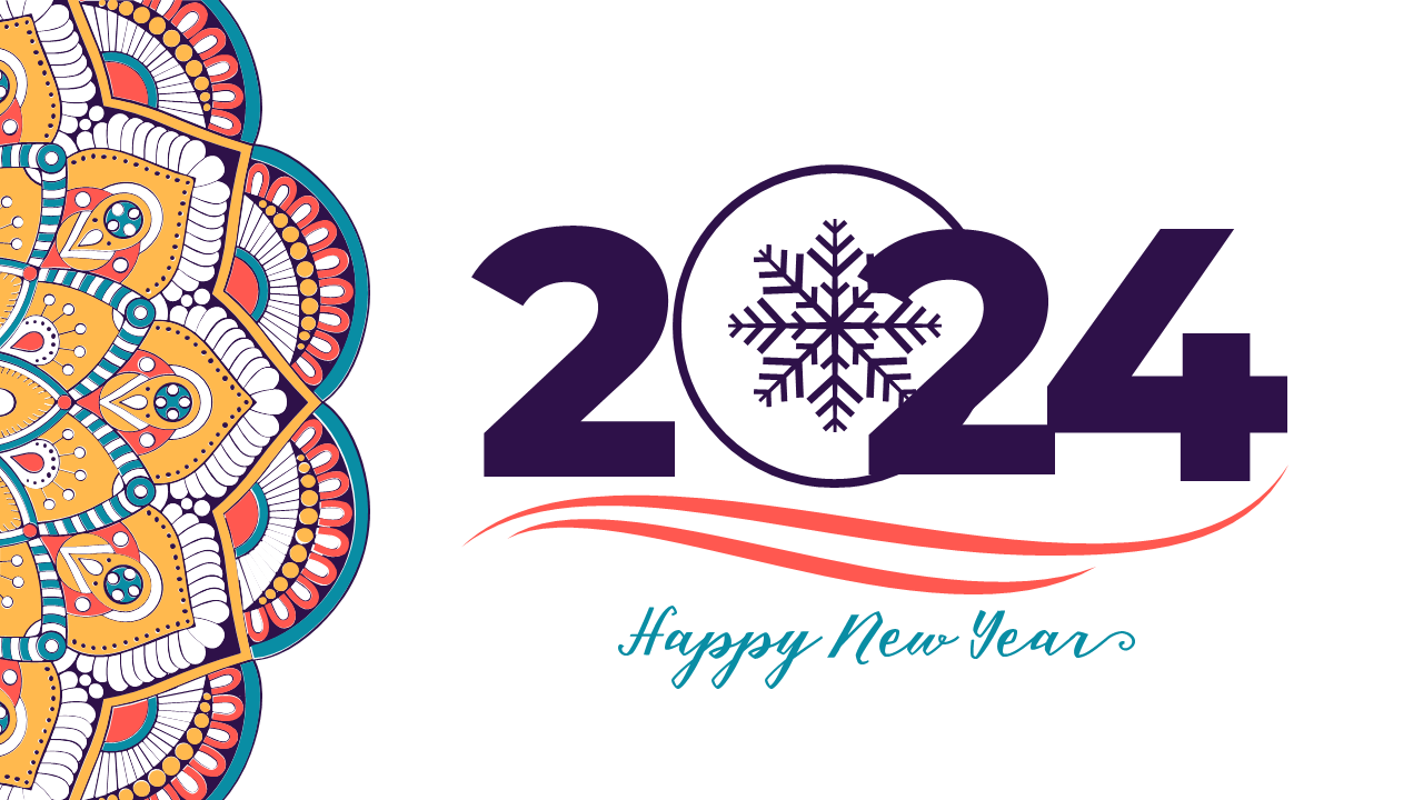 A pack of 2024 calendar slides featuring a colorful mandala design each month with a snowflake symbol for the year.