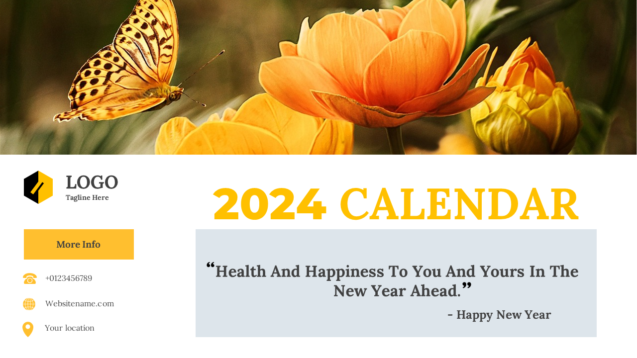 Floral themed 2024 calendar slides, each month paired with a different blooming flower image, using a modern layout.