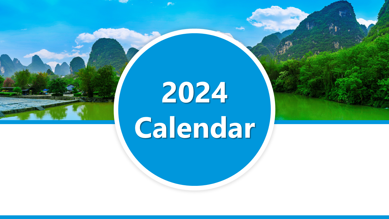 2024 calendar template for Google Slides with scenic nature backgrounds for each month.