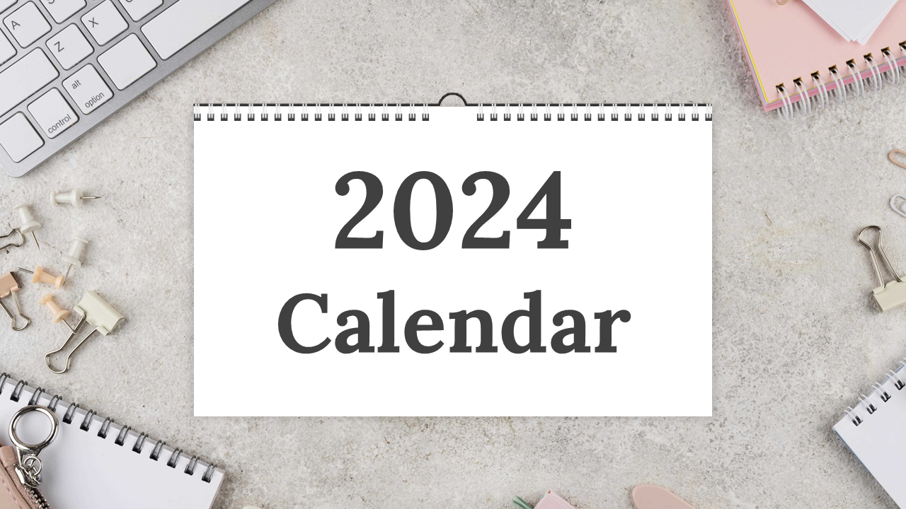 2024 calendar slides with colorful monthly layouts, each page featuring a different background with office supplies.