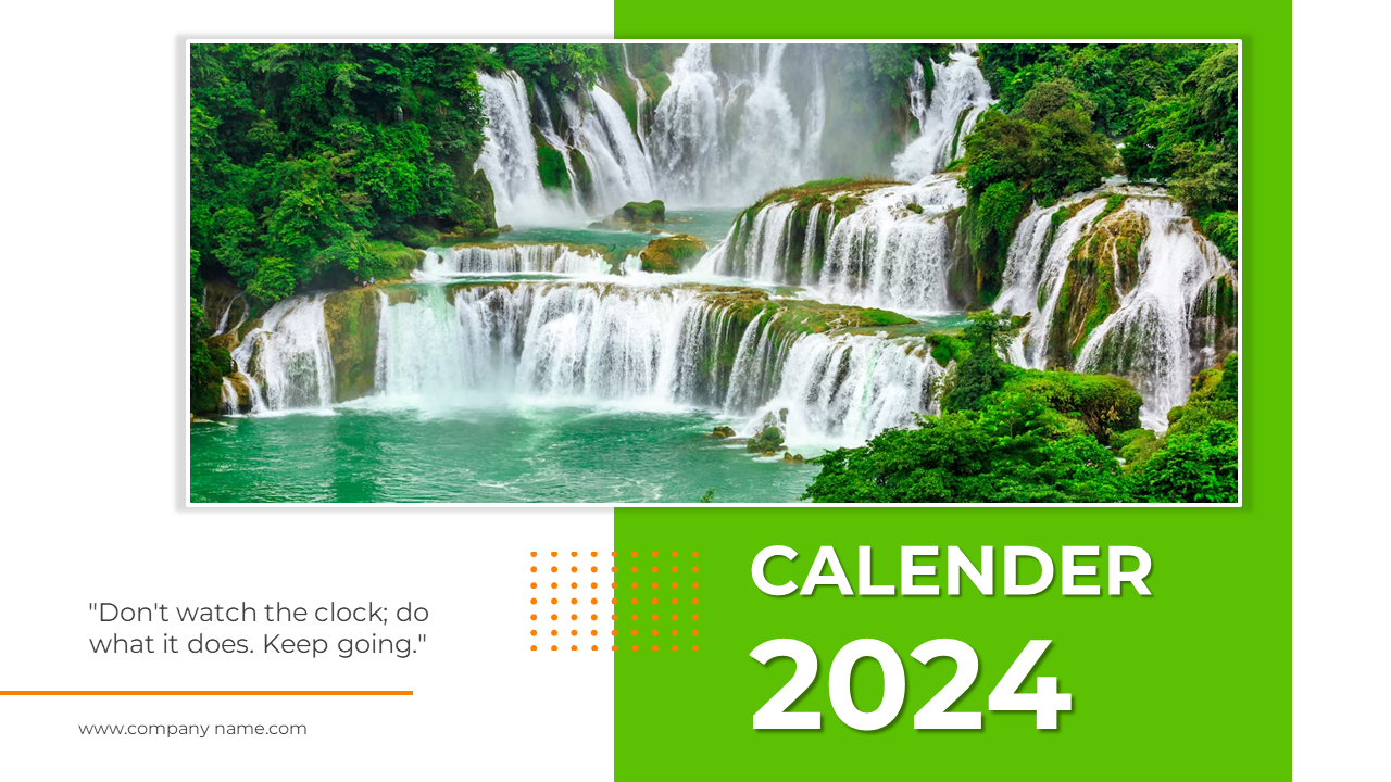 2024 calendar slides featuring scenic landscapes for each month with a nature themed design and motivational quotes.