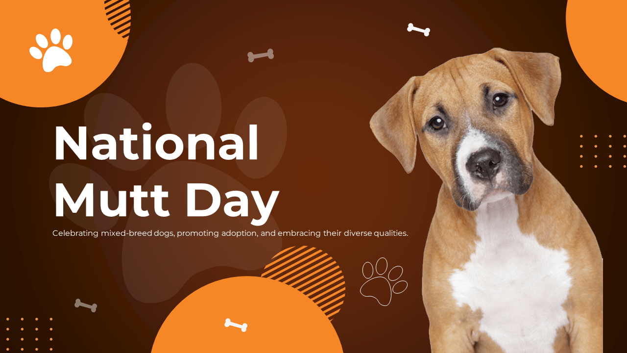 National mutt day slide deck with brown and orange design, showcasing topics on adoption, diversity, and benefits.