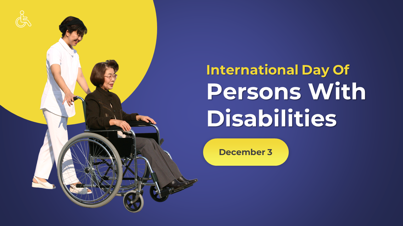 Slide pack with blue and yellow theme, featuring images of people with disabilities, text sections, and icons.