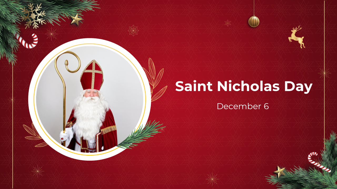 Red themed slide deck with festive greenery and gold accents, featuring circular and rectangular images of Saint Nicholas.