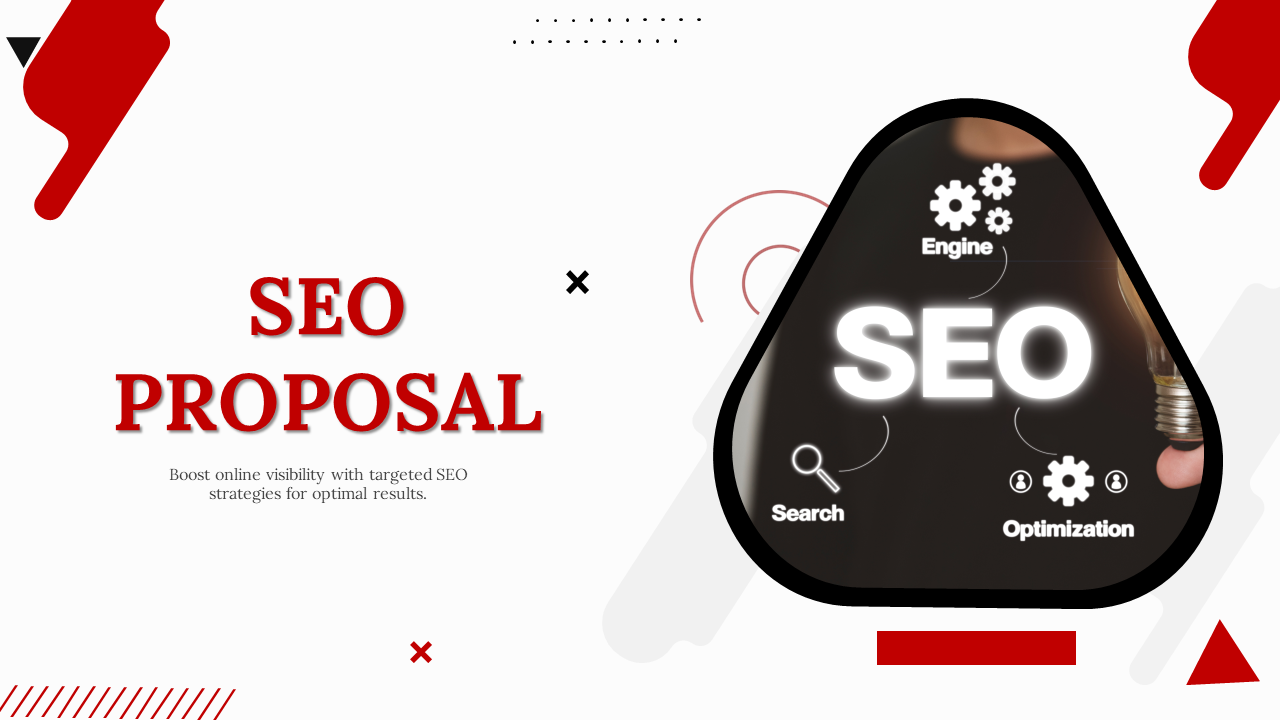 Red and black accented slide pack highlighting SEO services with charts, icons, and plans for boosting online optimization.