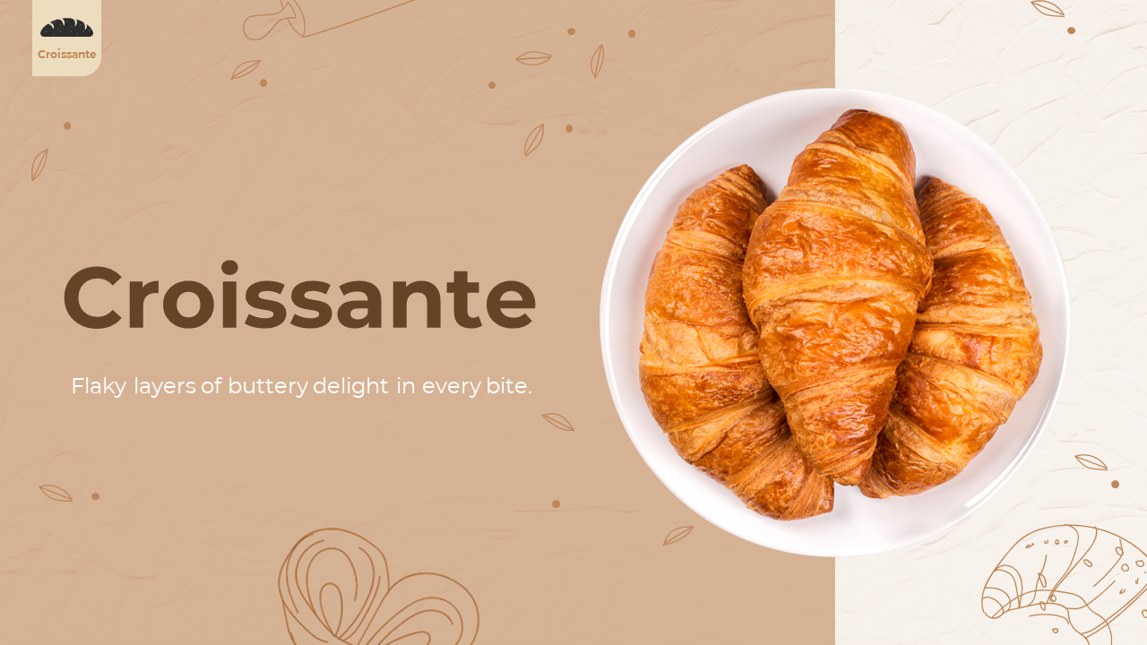 Croissant themed template covering its history, types, and baking process with slides featuring images of baked croissants.