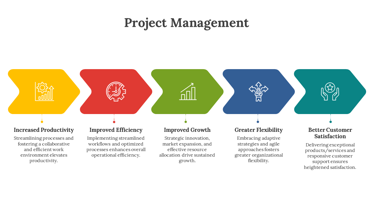 Slide deck with colorful flowcharts, circular diagrams, and icons showcasing various project management steps and processes.