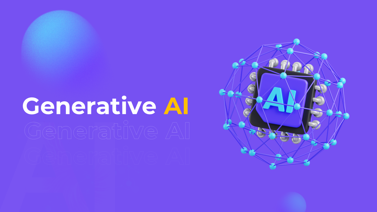 Generative AI presentation slide deck with a purple theme, showcasing various topics and graphics related to AI.