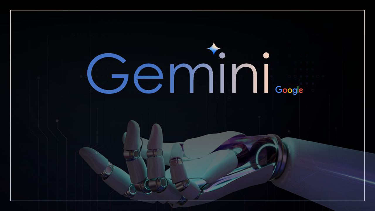 Black background slides with blue gradient elements, discussing Google Gemini AI features, performance, and industry impact.