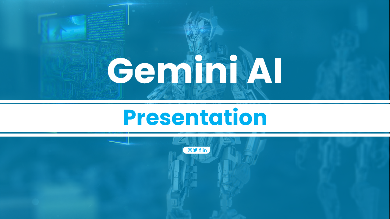 Gemini AI slide deck with blue accents, covering types, benefits, and future trends, featuring tech visuals.