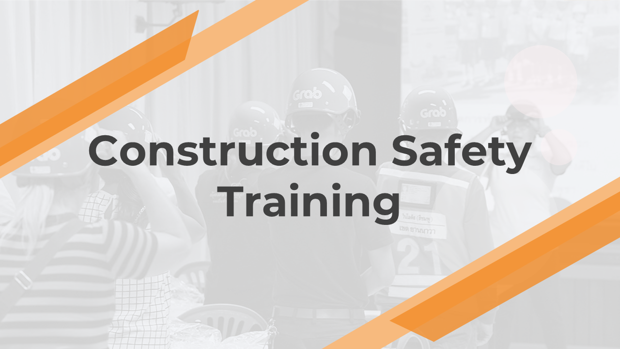 Slide deck on construction safety training with white backgrounds and orange highlights, showing rules and protection tips.