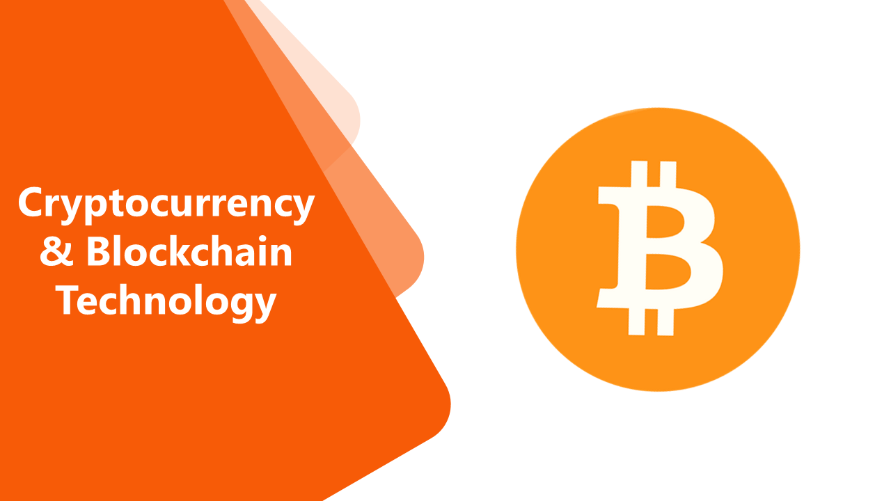 Slide deck in orange and white, explaining cryptocurrency concepts, blockchain elements, challenges, and buying tips.