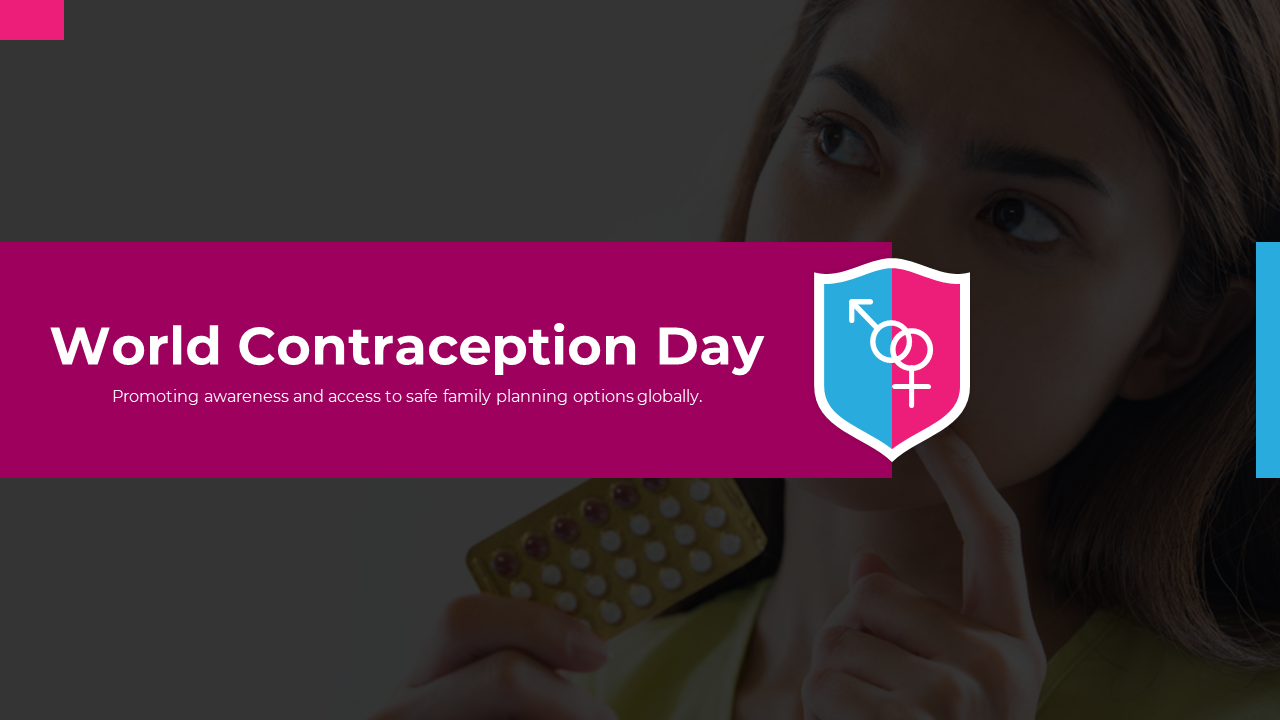 World contraception day slide deck discussing types, history, and global access, with blue and maroon color theme.