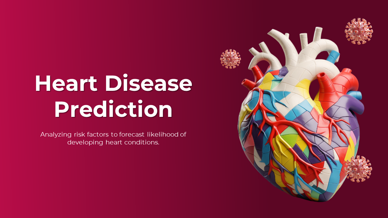 Red themed slide deck with abstract heart design, focusing on risk factors and various medical evaluation techniques.