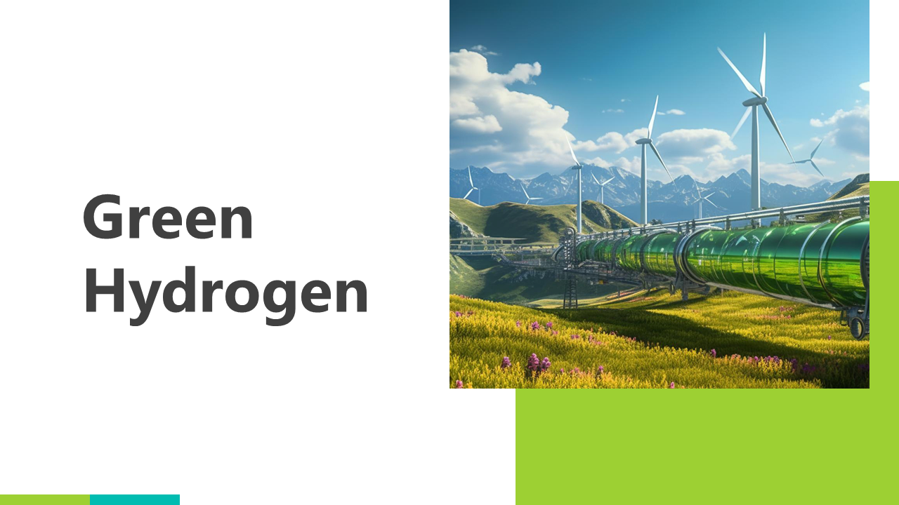 Slide deck on green hydrogen, highlighting its production, benefits, and environmental impact, with energy theme visulas.