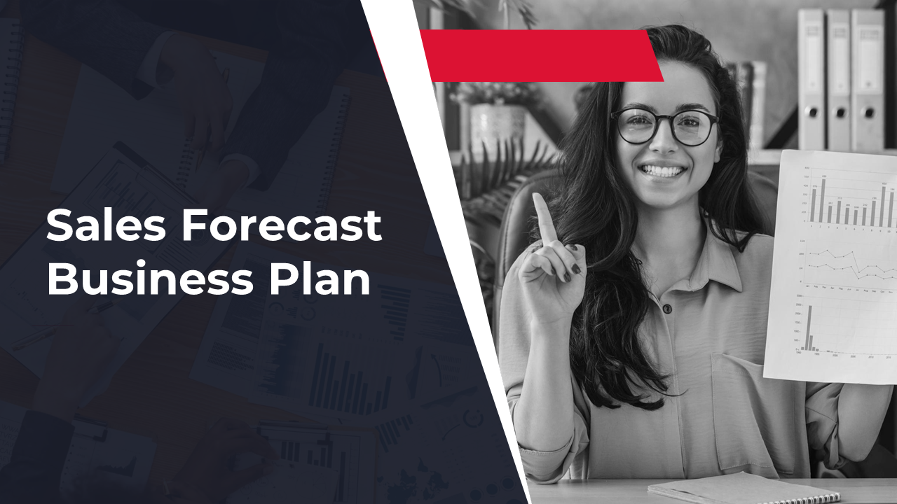 Sales forecast business plan presentation template with various slides, from market analysis to competitor analysis.