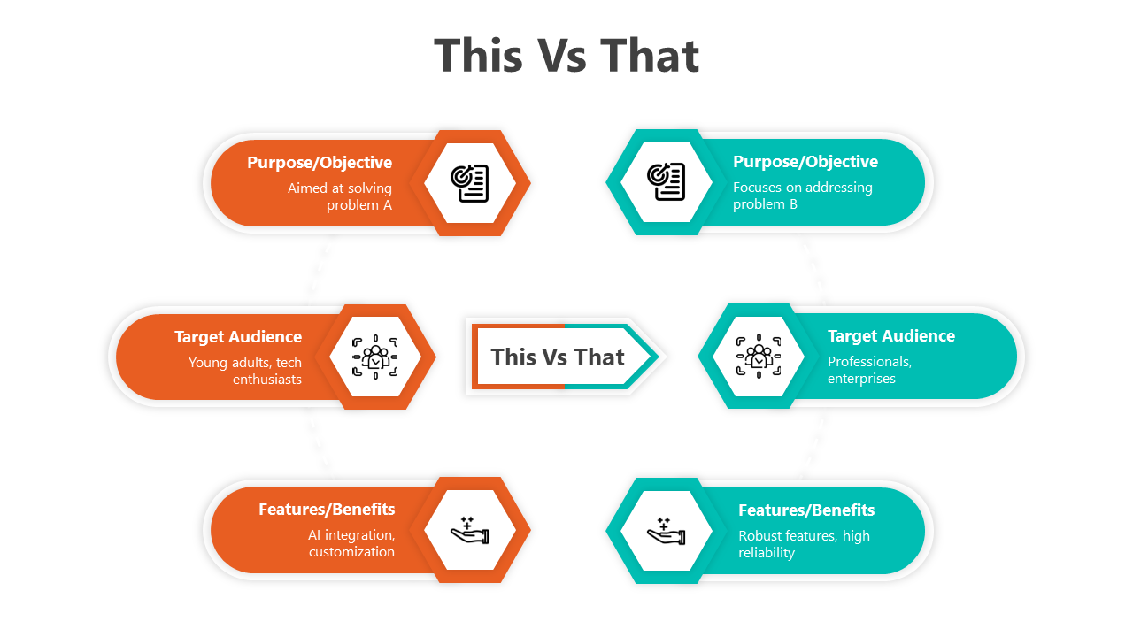 Slide deck with various comparison formats showing differences, using circular and rectangular layouts  in orange and teal.