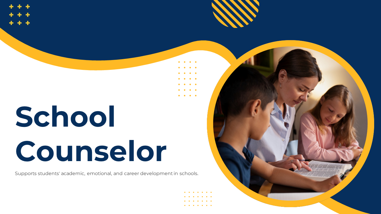 Slide deck on school counselors with yellow and navy blue accents, discussing roles, guidance, and academic support.