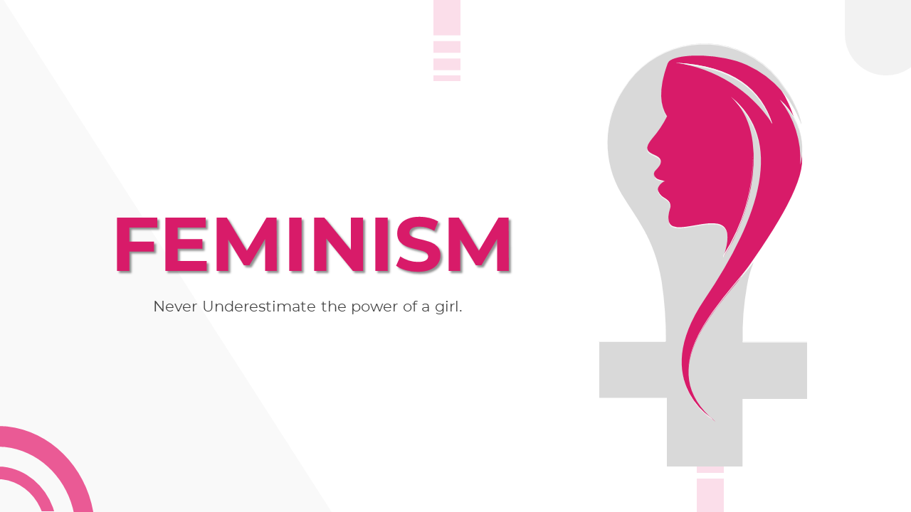 Feminism presentation slide deck with a pink and white theme, covering topics like introduction and achievements, etc,..