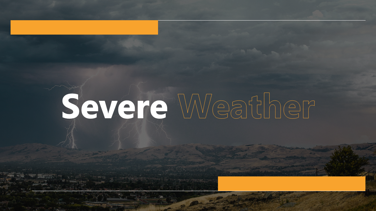 Slide deck with dark storm imagery and orange highlights, focusing on severe weather types and impacts.