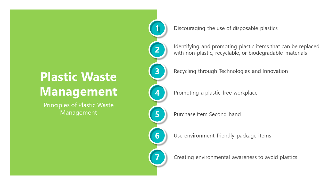 Set of slides focused on plastic waste management, with listing key principles and additional slides exploring pathways.