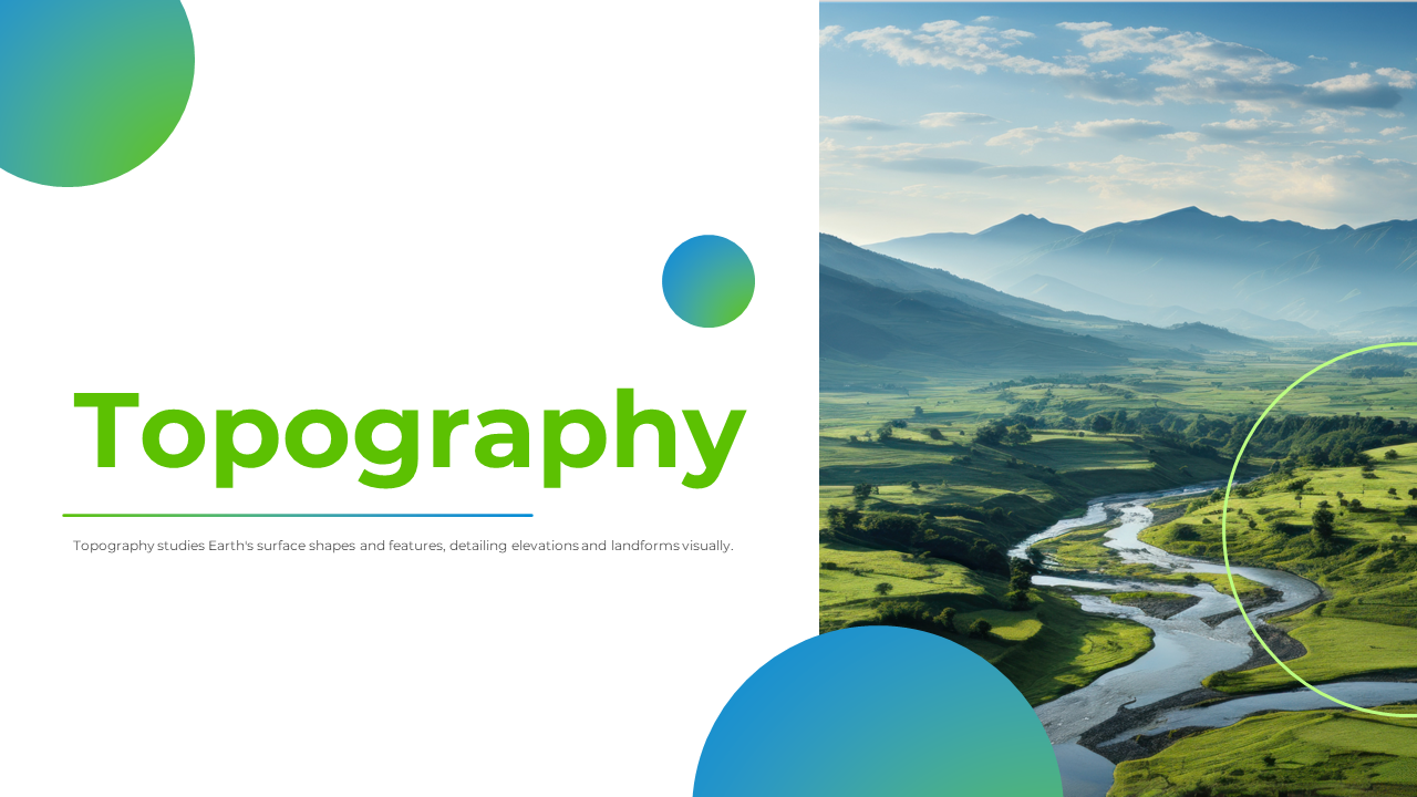 Slide deck on topography with images of landscapes, maps, and sections on landforms, hydrology, and ecosystems.