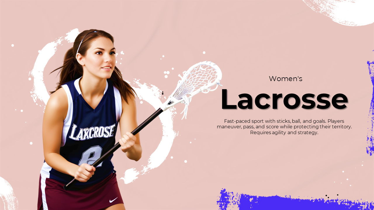 Slide deck featuring a woman playing lacrosse, holding a stick, with placeholder text over a textured background.