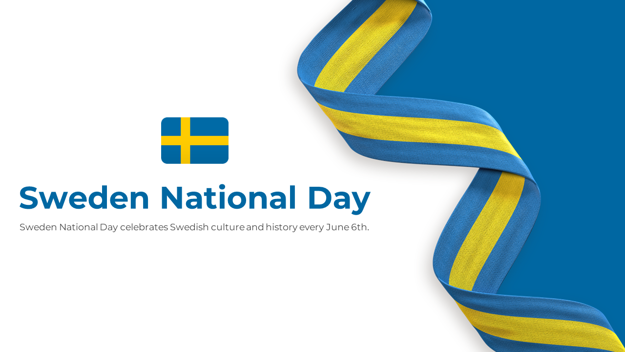 Sweden national day slide deck with sections from history to cuisine, accented by Swedish flag colors.