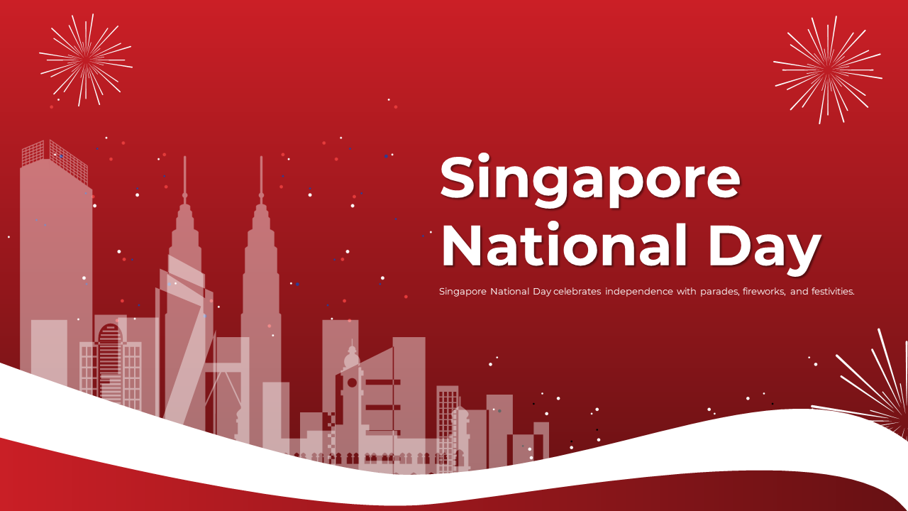 Slide deck featuring Singapore national day celebrations with fireworks, parades, and cultural performances, in red design.