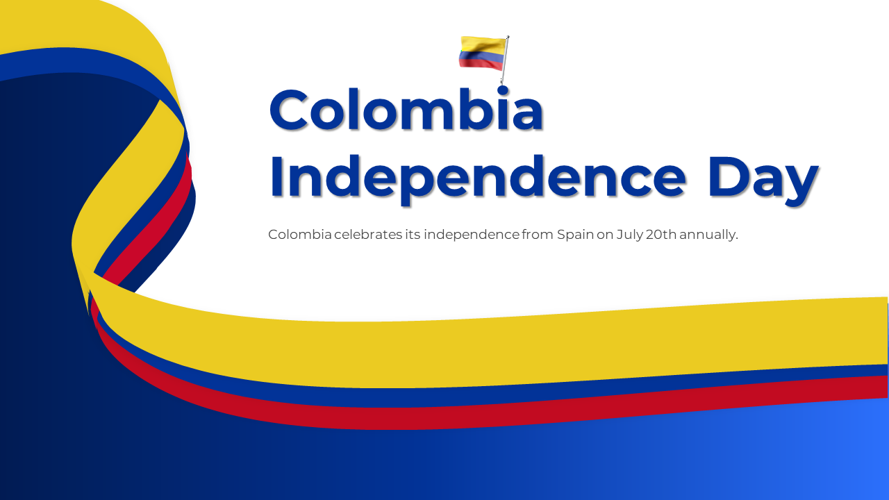 Colombia independence day slides featuring the colombian flag and a message celebrating independence on July 20th with text.