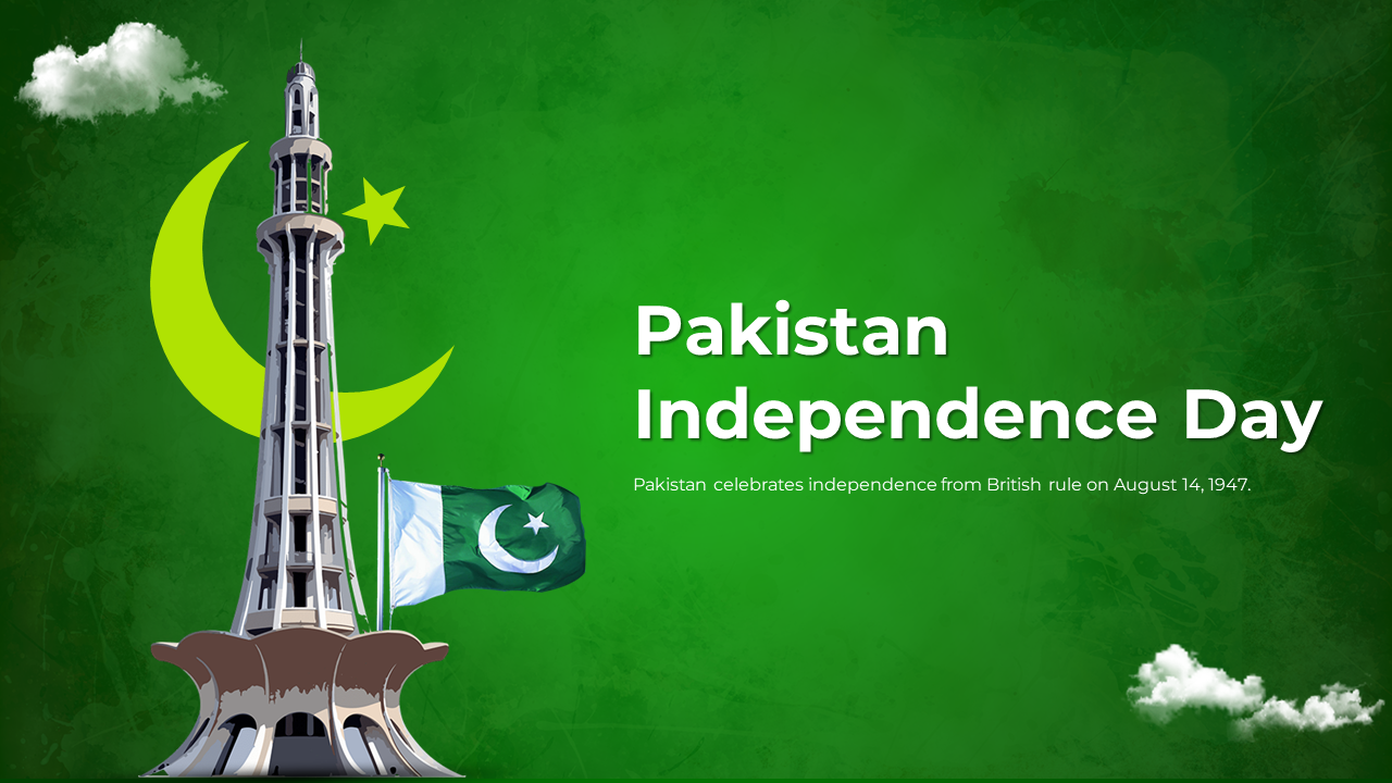 Pakistan Independence day slides with green visuals, national symbols, covering key historical events and figures.