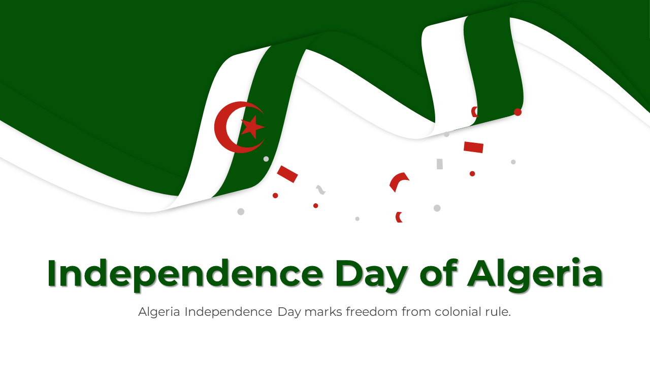 Slide deck celebrating Algeria Independence Day with the Algerian flag and confetti elements.