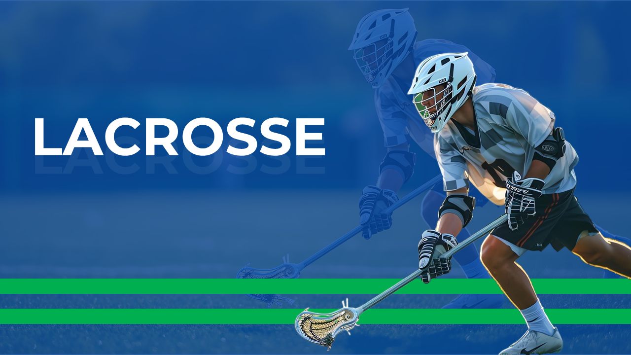 Lacrosse player running with a stick and bold text descriptions about the origin and history in a blue background.