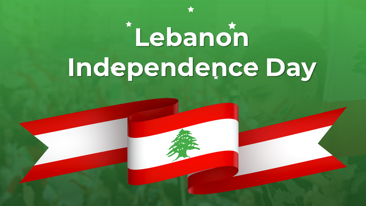 Lebanese Independence day slide pack, using red and green themes with images of flags, celebrations, and patriotic events.