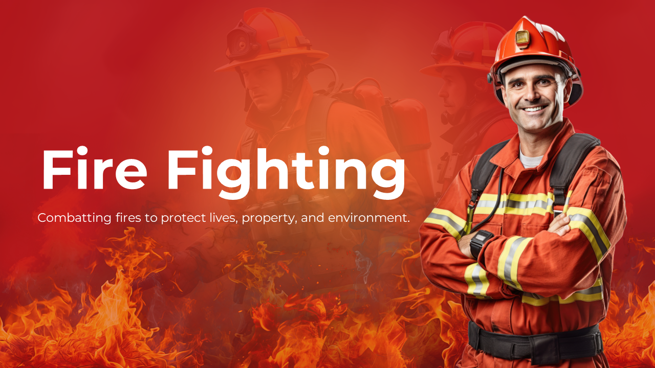 Firefighting slide deck featuring a firefighter and a fiery background showing ways of prevention and techniques.